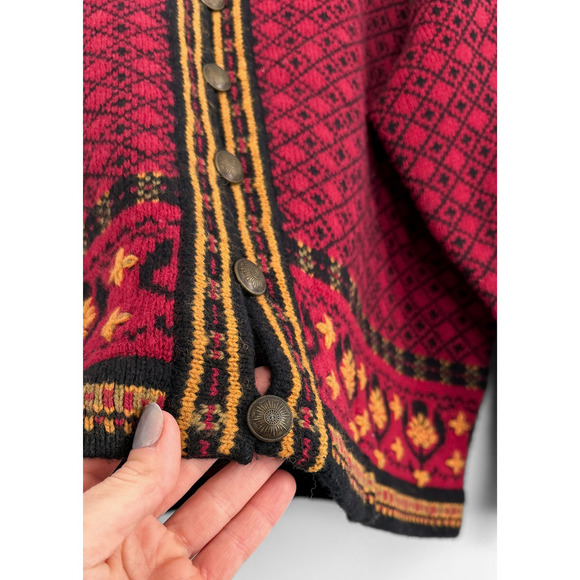 Squaw Valley Scandinavian Wool Knit Cardigan in Red Nordic Floral Fair Isle - Picture 7 of 8